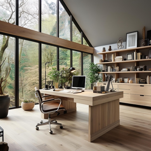 Minimalistyczne biuro z czystymi liniami i neutralnymi kolorami