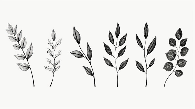 Minimalistyczne czarno-białe ilustracje roślin z realistycznymi szczegółami