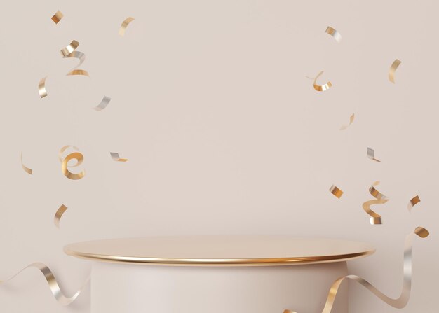 Zdjęcie minimalistyczne kremowe tło podkreśla eleganckie beżowe podium z złotą krawędzią ozdobione kapryśnymi konfetami idealne do prezentacji produktów, luksusowych marek lub świątecznych wizualizacji marketingowych 3d