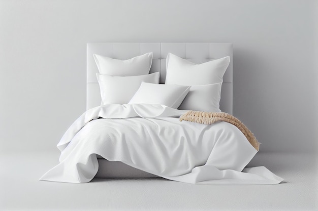 Minimalistyczne łóżko do sypialni z białą, czystą pościelą, wygodnymi poduszkami i kocem do kopiowania Generative AI