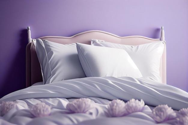 Minimalistyczne łóżko w sypialni z białą czystą pościelą, wygodnymi poduszkami i kołdrą na fioletowym delikatnym tle liliowych ścian miejsce do kopiowania Generative AI