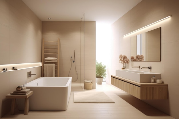 Minimalistyczne, luksusowe wnętrze łazienki w kolorze beżowym