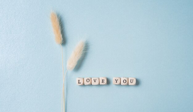 Zdjęcie minimalistyczne mieszkanie leżało w białych suszonych kwiatach i kostkach z napisem „kocham cię”