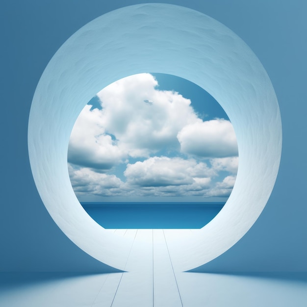 Minimalistyczne niebieskie tło z tunelem i białymi chmurami Generacyjna sztuczna inteligencja