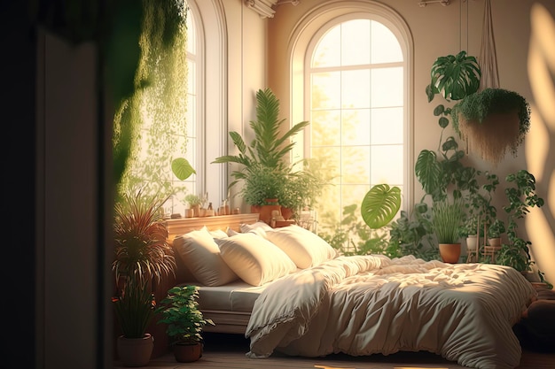 Minimalistyczne piękne przestronne wnętrze duży pokój beżowe odcienie kilka szczegółów duże łóżko sypialniane promienie słoneczne na ścianie i łóżku