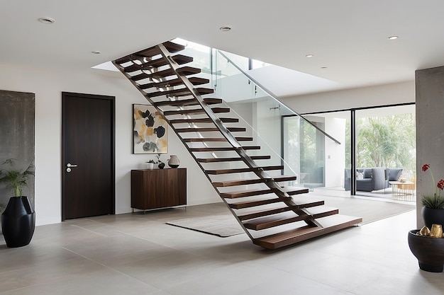 Minimalistyczne pływające schody z balustradami ze stali nierdzewnej