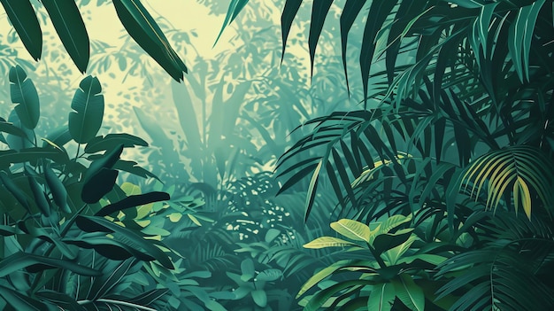 Minimalistyczne przedstawienie tropikalnego lasu deszczowego z bujną roślinnością, wygenerowane przez sztuczną inteligencję