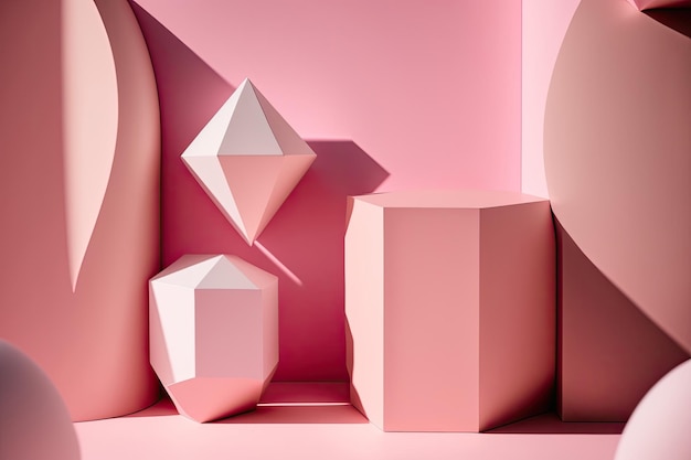 Minimalistyczne różowe tło z geometrycznymi kształtami i cieniami AI Generative