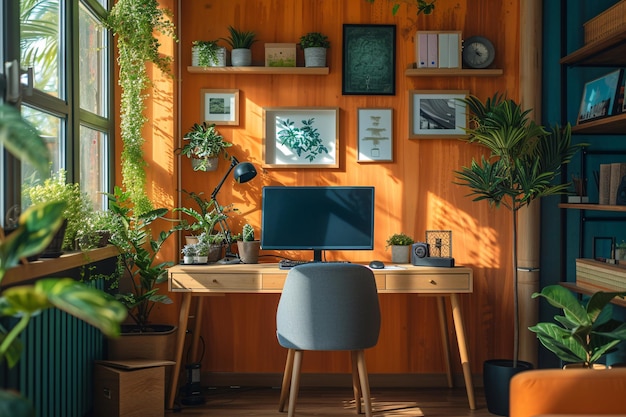 Minimalistyczne skandynawskie wnętrza Domowe pomieszczenia biurowe Rośliny w wazonie Domowe stanowisko robocze Krzesło i biurko