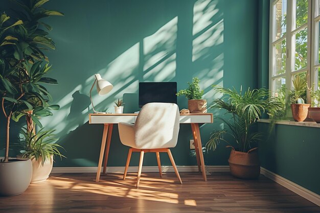 Minimalistyczne skandynawskie wnętrza Domowy pokój biurowy Rośliny w wazonie Domowy stanowisko pracy Krzesło i biurko Co