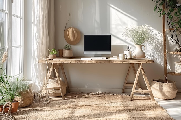 Minimalistyczne skandynawskie wnętrza Domowy pokój biurowy Rośliny w wazonie Domowy stanowisko pracy Krzesło i biurko Co