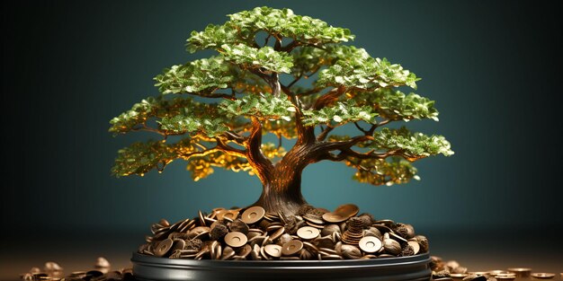 Zdjęcie minimalistyczne, stylizowane drzewo rosnące z monety reprezentuje zrównoważone inwestycje i finansowe