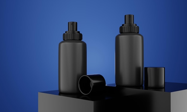 Zdjęcie minimalistyczne tło z butelką produktu do prezentacji elegancka butelka produktu na niebieskim tle renderowania 3d prezentacja produktu