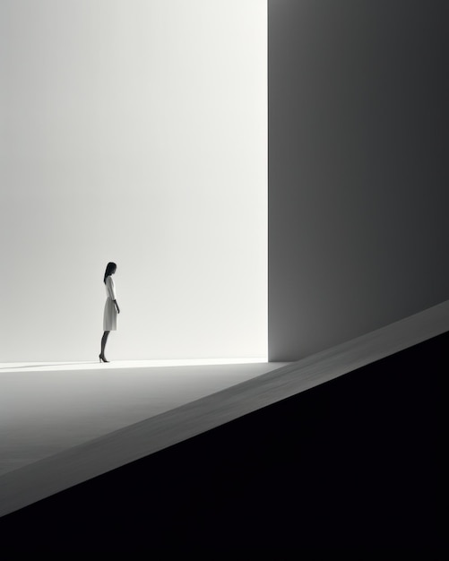 Minimalistyczne ujęcie kobiety spacerującej w słabo oświetlonym pokoju