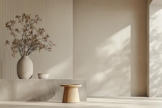 Zdjęcie minimalistyczne wnętrza dekorowane kompozycją w neutralnych tonach, naturalnym oświetleniem i spokojną atmosferą