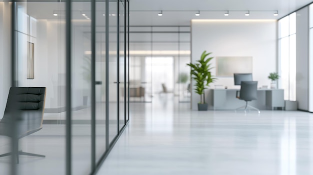 Zdjęcie minimalistyczne wnętrze biura korporacyjnego z czystymi liniami i miękkim oświetleniem