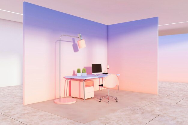 Minimalistyczne wnętrze biura na poddaszu z meblami i wyposażeniem Renderowanie 3D