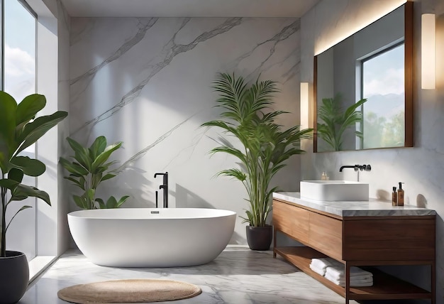 Zdjęcie minimalistyczne wnętrze łazienki, szafa łazienkowa, biała umywalka, próżność, rośliny wewnętrzne, łazienka