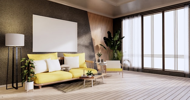 Minimalistyczne wnętrze, meble na sofę i rośliny, nowoczesny design w czarnym pokoju. Renderowanie 3D