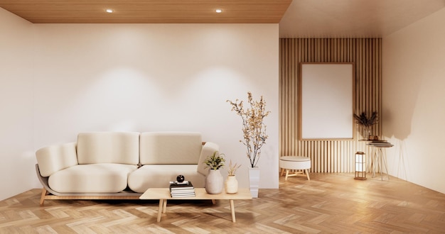 Minimalistyczne wnętrze, meble na sofę i rośliny, nowoczesny wystrój pokoju. Renderowanie 3D