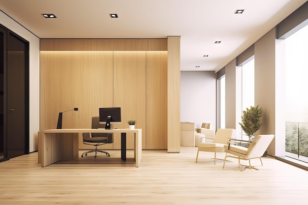 Minimalistyczne wnętrze nowoczesnej przestrzeni biurowej z beżowym, przytulnym stylem dekoruje Generative Ai