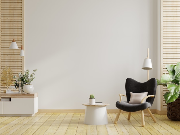 Minimalistyczne wnętrze salonu z designerskimi fotelami i stołem na białej ścianie. Renderowanie 3D