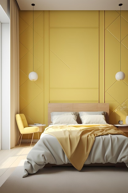 Minimalistyczne wnętrze sypialni w kolorze żółtym