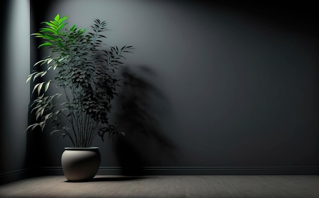 Minimalistyczne wnętrze z dużym ciemnym ciemnym pustym pokojem z roślinami na podłodze