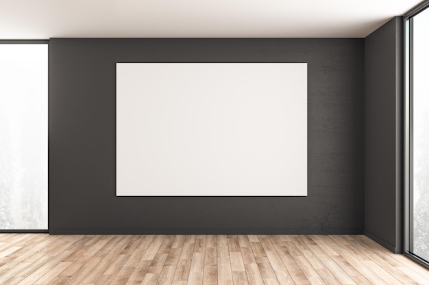 Minimalistyczne wnętrze z oknem i pustym billboardem