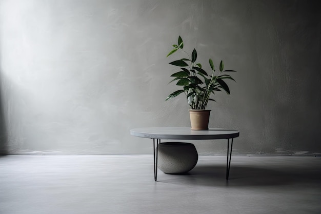Minimalistyczne wnętrze z rośliną doniczkową i prostą betonową doniczką na niskim stole