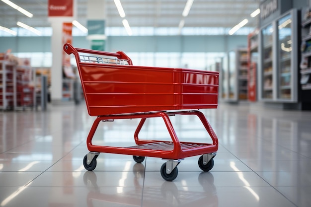Minimalistyczne zakupy Pusty czerwony wózek w alejce supermarketu białe tło
