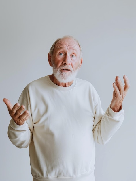 Minimalistyczne zdjęcie na okładce czasopisma mężczyzna w wieku lat noszący sweter gest pytania