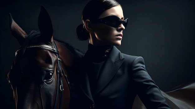 Minimalistyczne zdjęcie stylowej kobiety ubranej w Gucci czarnego konia na czarnym tle