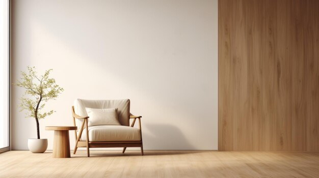 Minimalistyczny biały i drewniany pokój z krzesłem