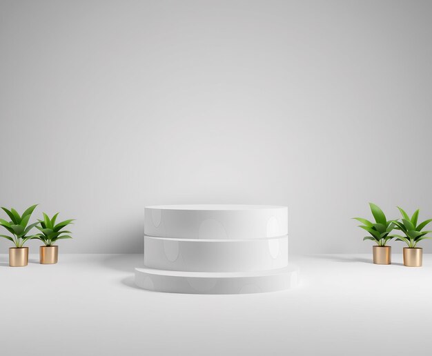 Minimalistyczny biały podium z dwoma roślinami w doniczkach