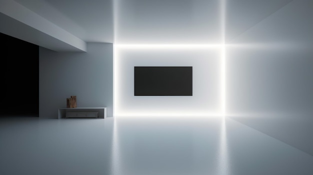 Minimalistyczny biały pokój z telewizorem na ścianie