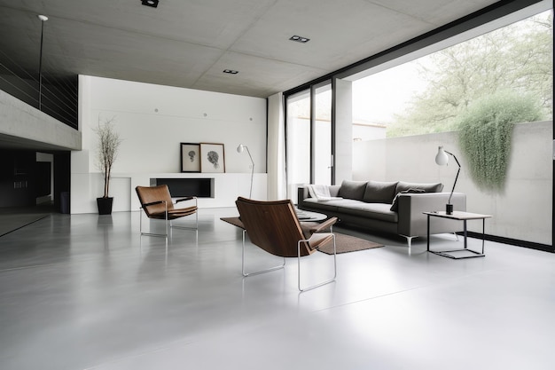Minimalistyczny dom z betonowymi podłogami, eleganckimi meblami i czystymi liniami