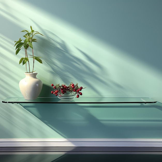 Minimalistyczny, elegancki wazon zdobiący miętowo-zieloną, nowoczesną półkę do wnętrza pokoju. Spokojny wystrój we współczesnym otoczeniu