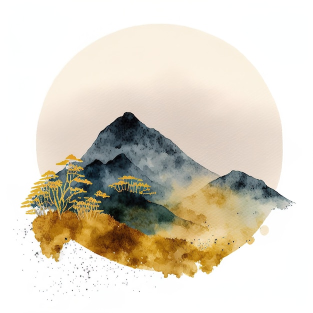 Minimalistyczny górski krajobraz z akwarelowym złotym pędzlem i teksturą 3d ilustracji