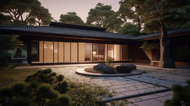 minimalistyczny japoński dom na dziedzińcu z dachem z japońskiej dachówki