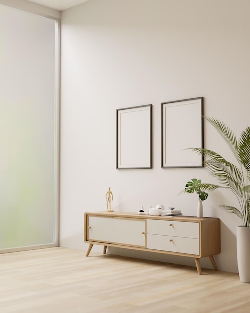 Minimalistyczny japoński styl salonu z makietą drewnianych szafek na białej ścianie