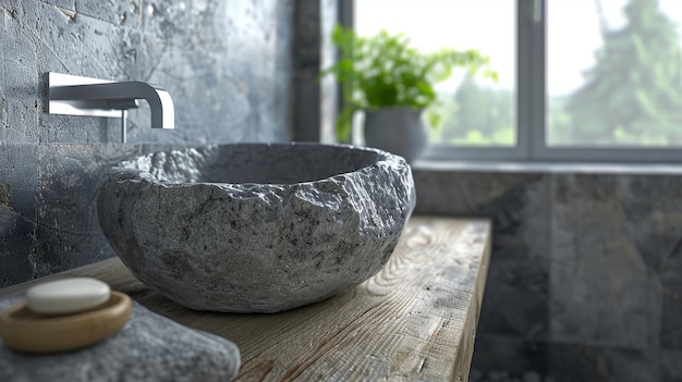 Minimalistyczny kamienny zlew w nowoczesnej łazience z naturalnym światłem Naturalne materiały do wykończenia domu