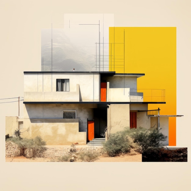 Minimalistyczny kolaż papierowy Średnia architektura Bauhaus wiejskich domów vernakularnych w Jalisco w Meksyku
