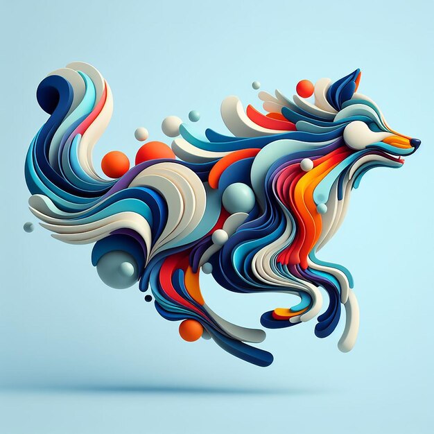 Minimalistyczny kolorowy abstrakt 3D wilka na jasnoniebieskim tle wygenerowany przez Ai.