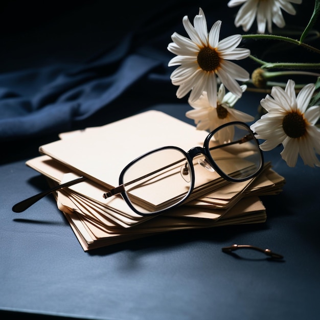 Zdjęcie minimalistyczny kontrast koperty okulary i stos kwiatów na czarnym tle for social media post