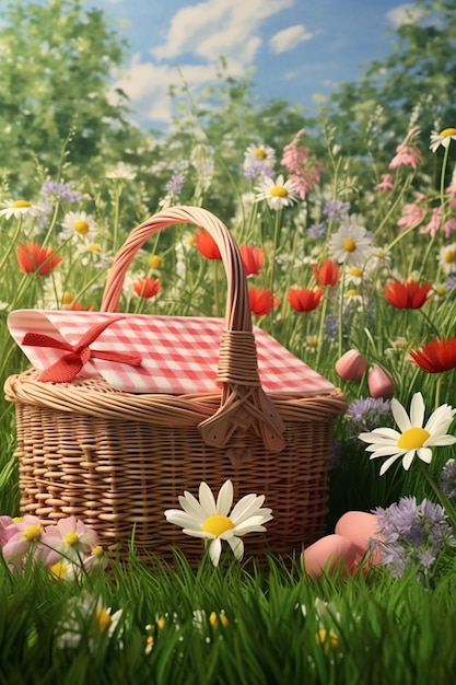 minimalistyczny koszyk piknikowy 3D z szafką i kilkoma kwiatami wiosennymi