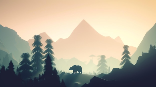 Minimalistyczny krajobraz dzikiej przyrody z sylwetką niedźwiedzia i mglistymi górami