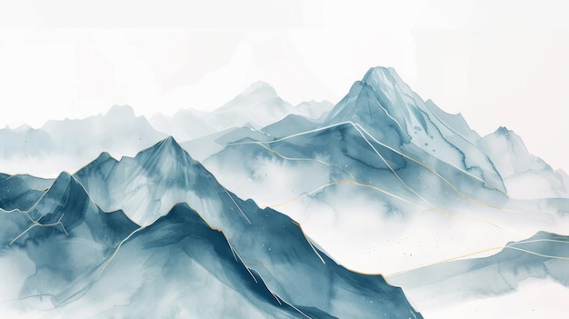 Minimalistyczny krajobraz górski w miękkich pastelowych akwarelach podkreślonych złotymi liniami panoramiczna ilustracja baneru na białym tle AI Generative