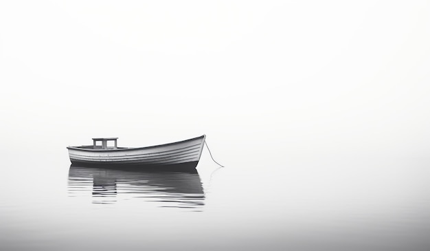Minimalistyczny krajobraz małej drewnianej łodzi izolowanej w wodzie z dużą ilością mgły wygenerowanej przez AI