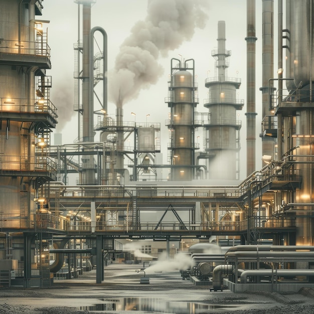 Minimalistyczny krajobraz przemysłowy Budynki fabryczne Bloki przemysłowe Strefa produkcyjna Przemysł naftowy